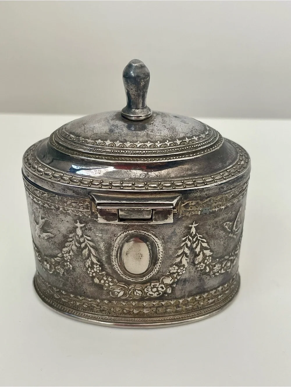 Ornate Silver Plated Trinket Box Oval Hinged Butterfly Floral Swag Vanity Decor